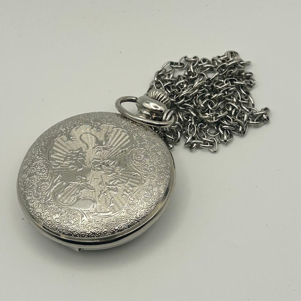 Open Center Silver Tone Vintage Style Pocket Watch Necklace Working New Battery - Picture 5 of 7